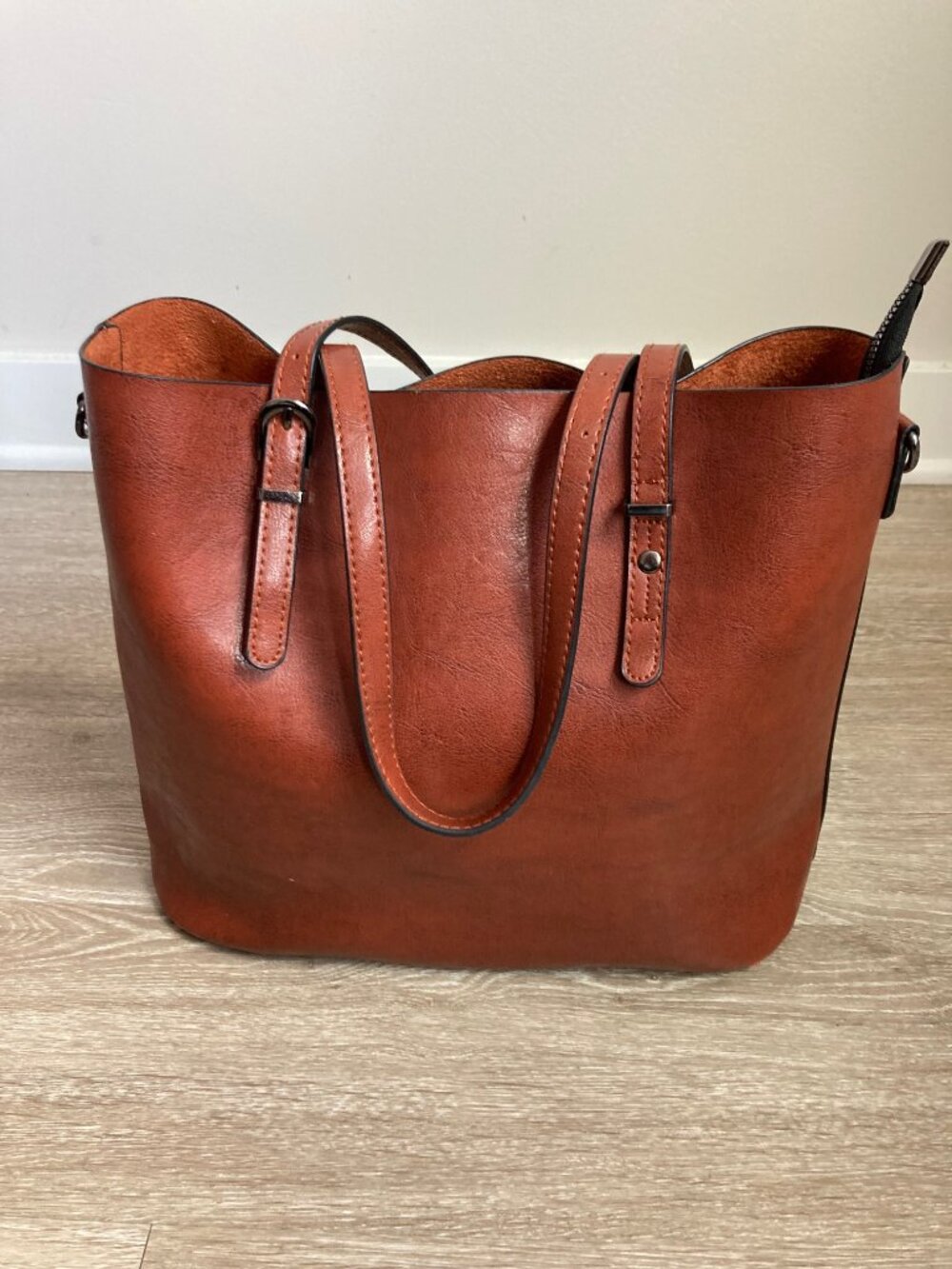 Brown Faux Leather Tote Bag Shoulder Purse Cognac Large.